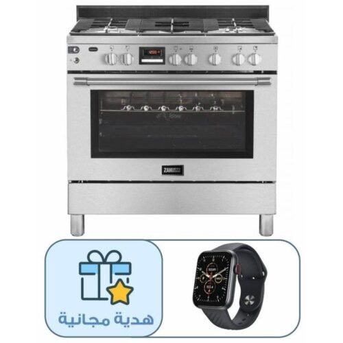 بوتجاز غاز زانوسي، 5 شعلة، 90 سم، فضي - ZCG92696XA مع هدية مجانية ساعة سمارت ايتل، 1.83 بوصة، اسود - ISW-O11