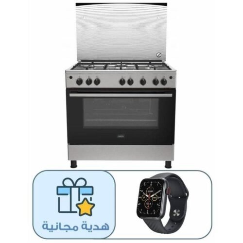 بوتجاز غاز زانوسي SteelPlus ، عدد 5 شعلة، 90 سم، ستانلس ستيل - ZCG922A6XB مع هدية مجانية ساعة سمارت ايتل، 1.83 بوصة، اسود - ISW-O11