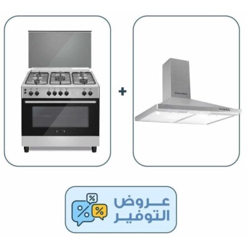 مجموعة من ايكوماتيك بوتجاز غاز، 5 شعلة، 90 سم، ستانلس ستيل - FS9104M مع شفاط بلت ان، 90 سم، ستانلس ستيل - H95B