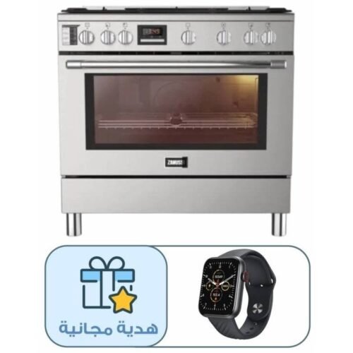 بوتجاز غاز زانوسي TasteMax Air Fry، مقاس 90 سم، 5 شعلة، ستانلس ستيل - ZCG97326XA مع هدية مجانية ساعة سمارت ايتل، 1.83 بوصة، اسود - ISW-O11